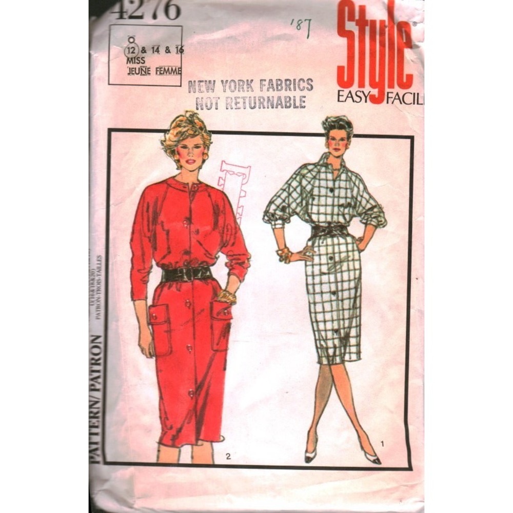 Vintage Style 4276 Sewing Pattern 1980s‎ Button Front Dress Raglan Sleeve 12